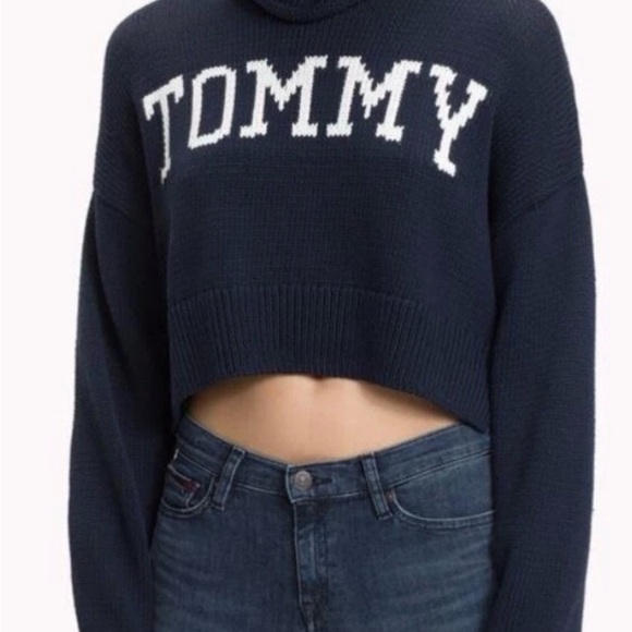 Tommy Jeans Logo Turtleneck Sweater Slouchy Navy Blue Urban Crop S/M READ GUC - Picture 1 of 14